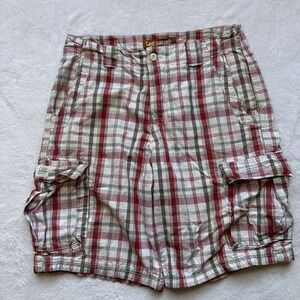 Lee Dungarees Men's 36 Red White Plaid Cargo Shorts Y2K Baggy Skater Grunge